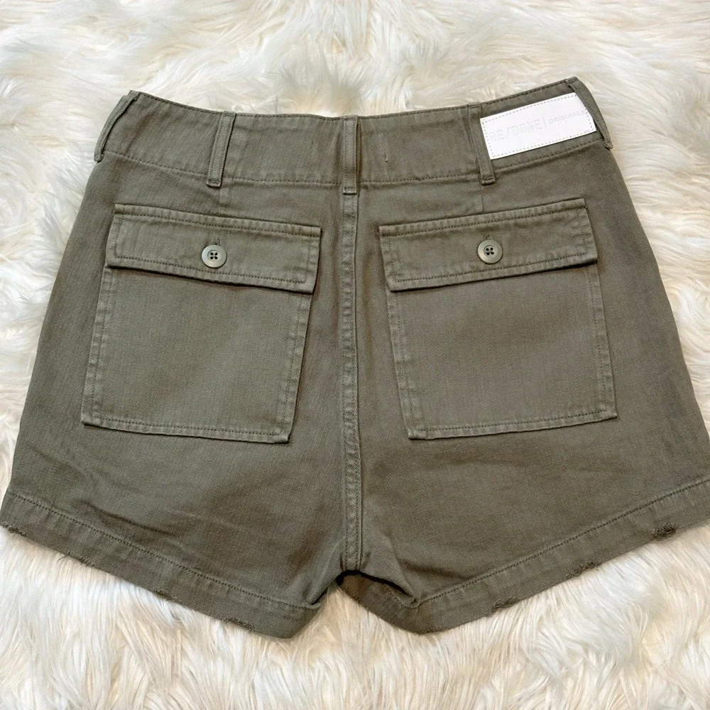 RE/DONE Womens 50s Miltary Shorts in Green Size 25 Button Fly Distressed Hem